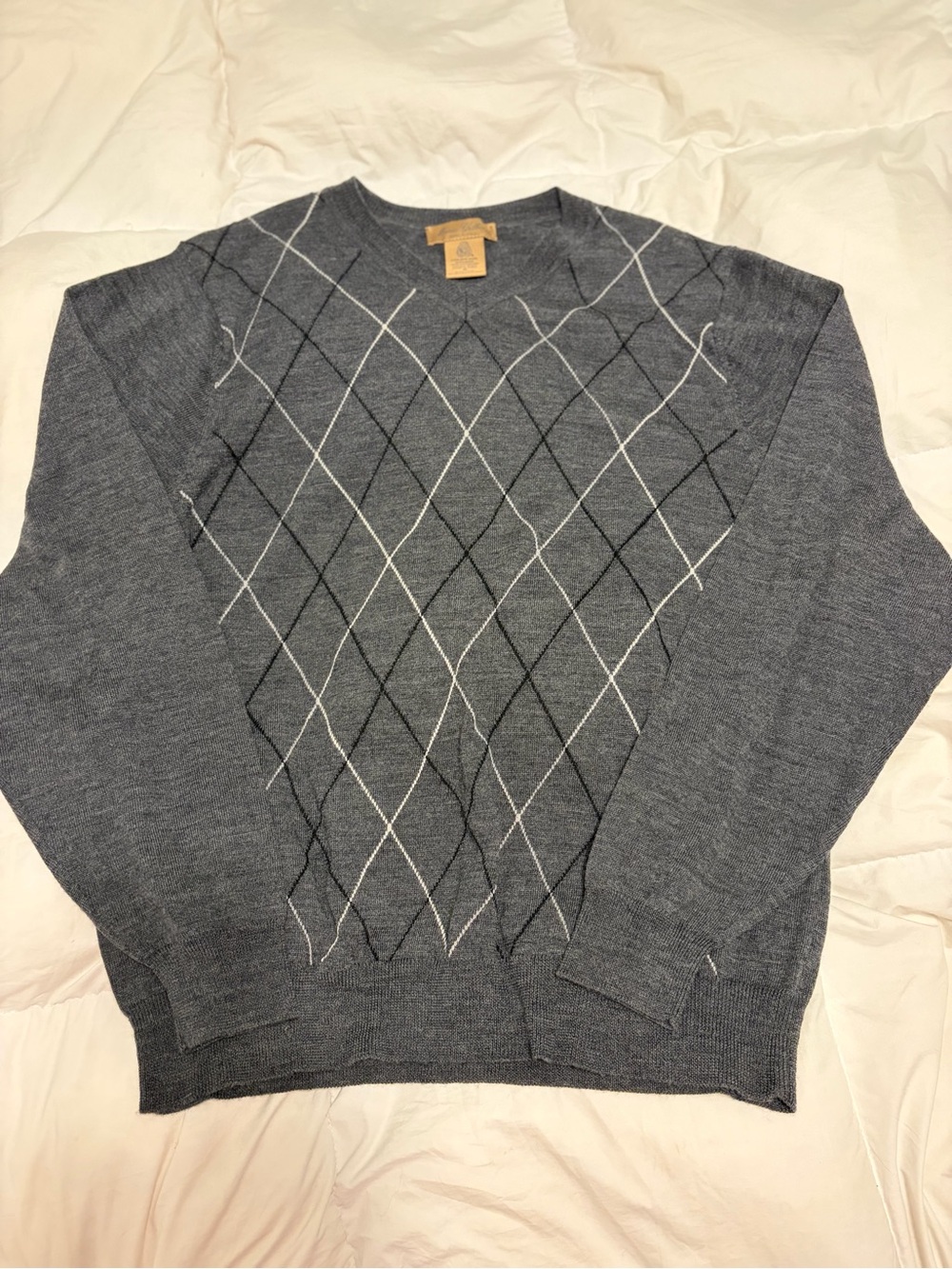 Men's Gray Argyle Merino Wool Crewneck Sweater